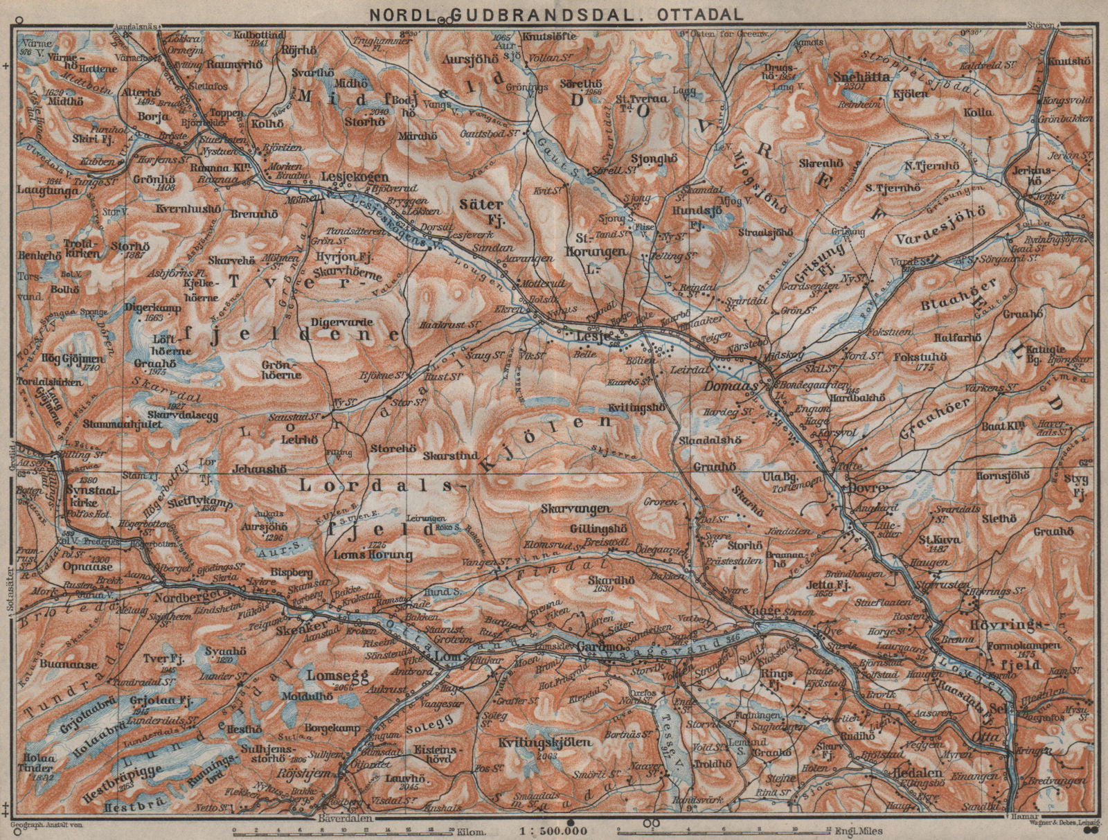 NORTH GUDBRANDSDAL, OTTADAL Nordl. Dombas Dovrefjell. Topo-map. Norway 1912